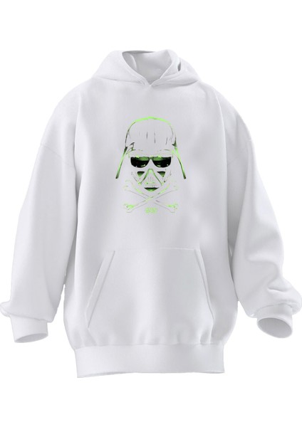 Unisex Premium Pamuk Beyaz Yeşil Starwars Baskılı 3 Iplik Kapüşonlu Sweatshirt
