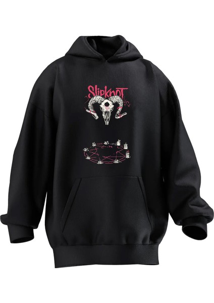 Unisex Premium Pamuk Siyah Slipknot Boynuz Poster Baskılı 3 Iplik Kapüşonlu Sweatshirt