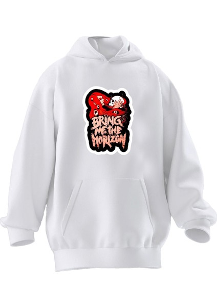 Unisex Premium Pamuk Beyaz Bringme Horizon Baskılı 3 Iplik Kapüşonlu Sweatshirt