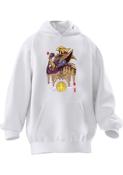 Unisex Premium Pamuk Beyaz Azir Lol Baskılı 3 Iplik Kapüşonlu Sweatshirt