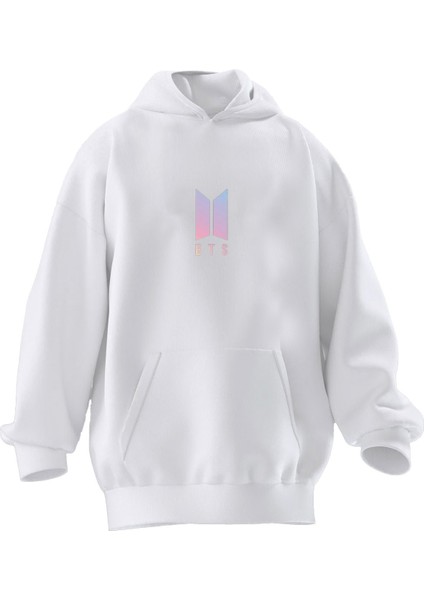 Unisex Premium Pamuk Beyaz Bts Desen Baskılı 3 Iplik Kapüşonlu Sweatshirt