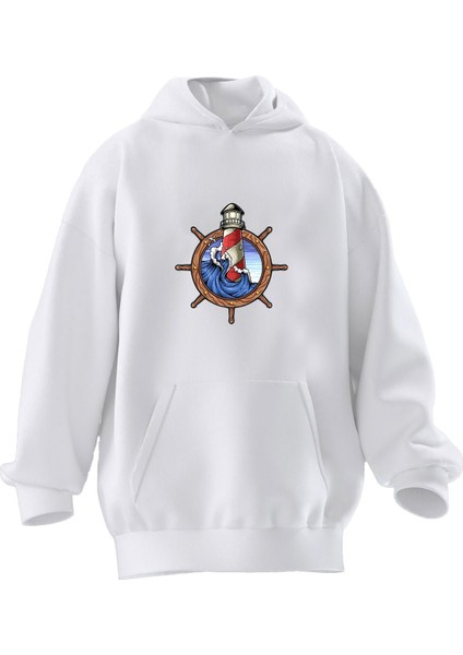 Unisex Premium Pamuk Beyaz Gemi Fener Baskılı 3 Iplik Kapüşonlu Sweatshirt