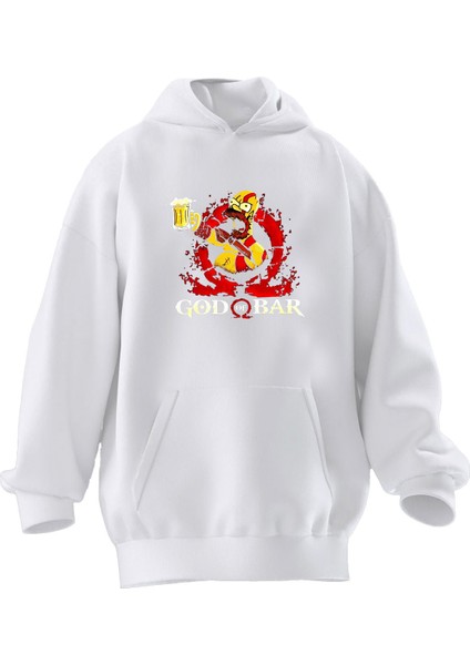 Unisex Premium Pamuk Beyaz God Beer Baskılı 3 Iplik Kapüşonlu Sweatshirt