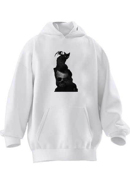 Unisex Premium Pamuk Beyaz Yarasa Kedi Kurukafa Baskılı 3 Iplik Kapüşonlu Sweatshirt