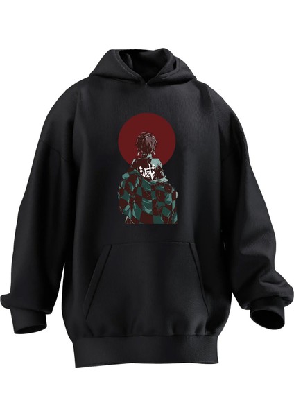 Unisex Premium Pamuk Siyah Kırmızı Dolunay Anime Japon Baskılı 3 Iplik Kapüşonlu Sweatshirt