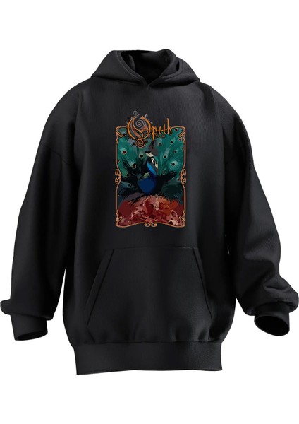 Unisex Premium Pamuk Siyah Opeth Tavus Kuşu Poster Baskılı 3 Iplik Kapüşonlu Sweatshirt
