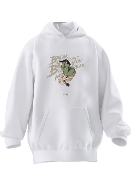 Unisex Premium Pamuk Beyaz Break You Yeşil Baskılı 3 Iplik Kapüşonlu Sweatshirt