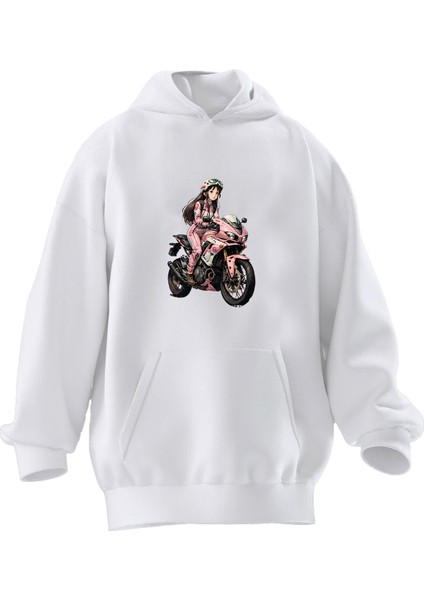 Unisex Premium Pamuk Beyaz Racing Anime Baskılı 3 Iplik Kapüşonlu Sweatshirt