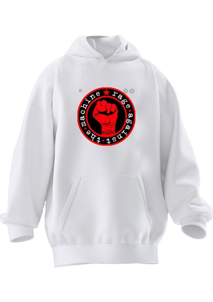 Unisex Premium Pamuk Beyaz Machine Rage Baskılı 3 Iplik Kapüşonlu Sweatshirt