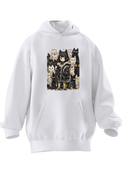 Unisex Premium Pamuk Beyaz Anime Karakter ve Kedileri Baskılı 3 Iplik Kapüşonlu Sweatshirt