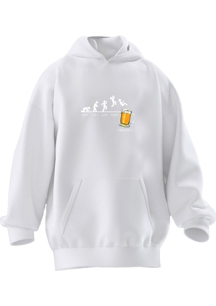 Unisex Premium Pamuk Beyaz Beer Koşu Baskılı 3 Iplik Kapüşonlu Sweatshirt