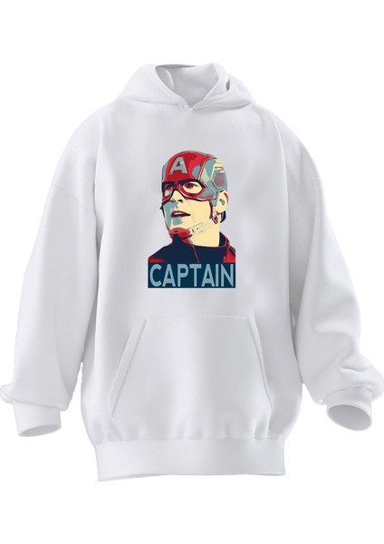Unisex Premium Pamuk Beyaz Captain Amerika Silik Baskılı 3 Iplik Kapüşonlu Sweatshirt