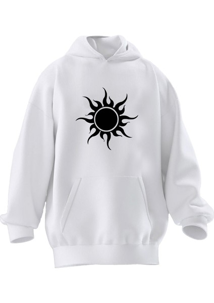 Unisex Premium Pamuk Beyaz Güneş Çizim Desen Baskılı 3 Iplik Kapüşonlu Sweatshirt