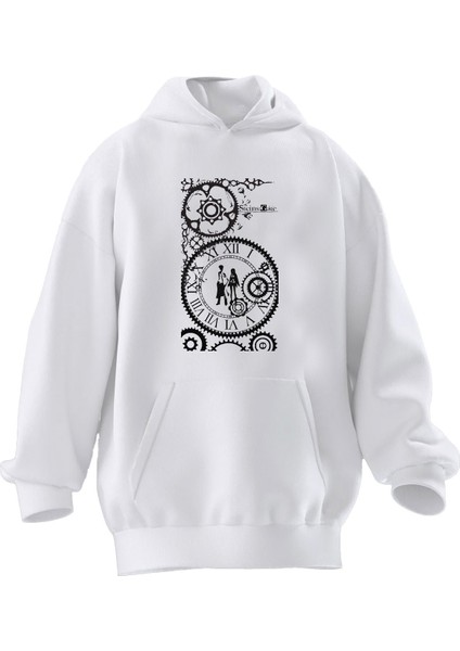 Unisex Premium Pamuk Beyaz Zaman Saat Çift Baskılı 3 Iplik Kapüşonlu Sweatshirt