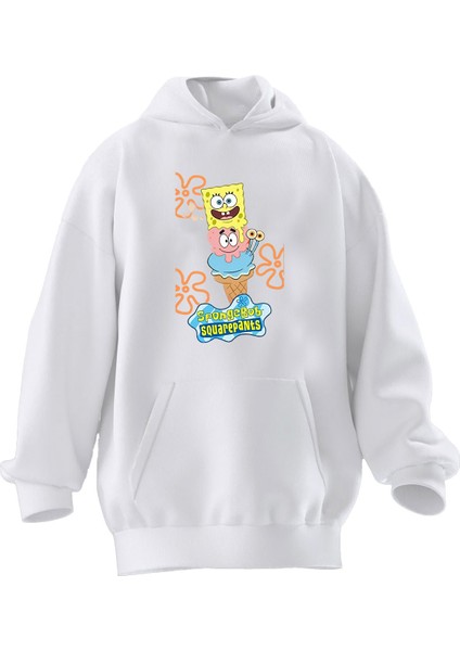 Unisex Premium Pamuk Beyaz Sünger Bob Square Baskılı 3 Iplik Kapüşonlu Sweatshirt