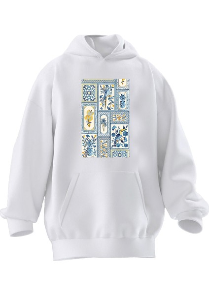 Unisex Premium Pamuk Beyaz Çini Deseni Baskılı 3 Iplik Kapüşonlu Sweatshirt