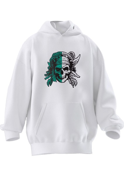 Unisex Premium Pamuk Beyaz Yeşil Kurukafa Baskılı 3 Iplik Kapüşonlu Sweatshirt