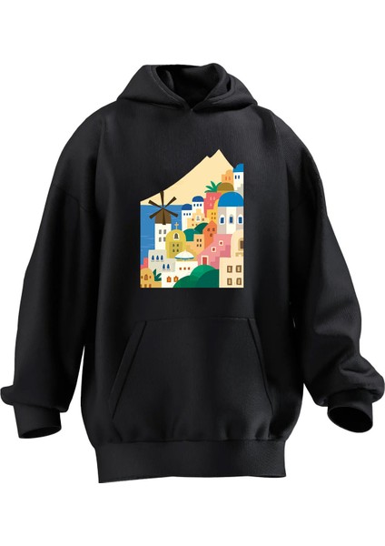 Unisex Premium Pamuk Siyah Buğday Değirmeni Manzara Çizim Baskılı 3 Iplik Kapüşonlu Sweatshirt