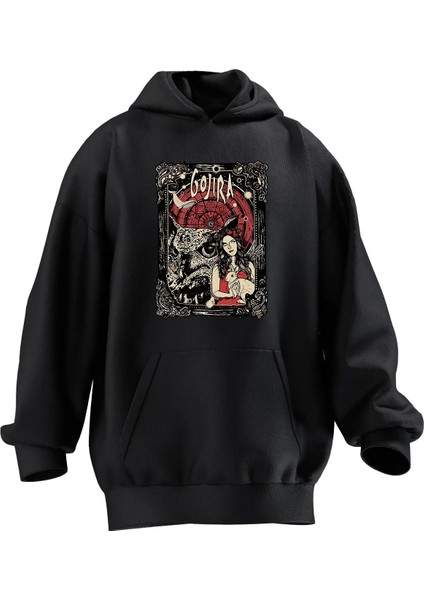 Unisex Premium Pamuk Siyah Gojira Baykuş Desen Baskılı 3 Iplik Kapüşonlu Sweatshirt