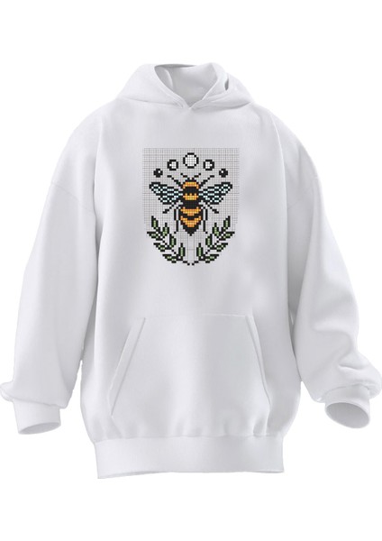 Unisex Premium Pamuk Beyaz Arı Motif Baskılı 3 Iplik Kapüşonlu Sweatshirt