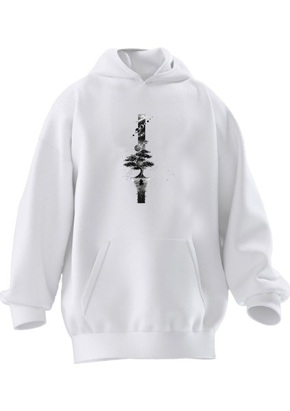 Unisex Premium Pamuk Beyaz Çınar Ağacı Saksı Baskılı 3 Iplik Kapüşonlu Sweatshirt