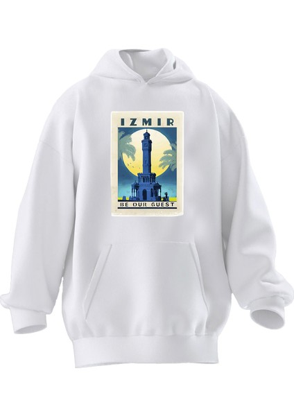 Unisex Premium Pamuk Beyaz Izmir Saat Kulesi Baskılı 3 Iplik Kapüşonlu Sweatshirt