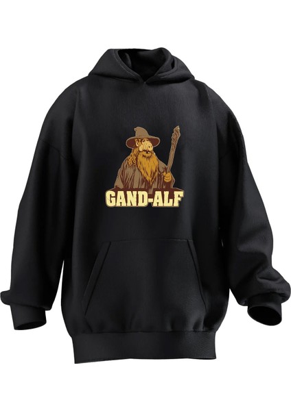 Unisex Premium Pamuk Siyah Gandalf Poster Baskılı 3 Iplik Kapüşonlu Sweatshirt