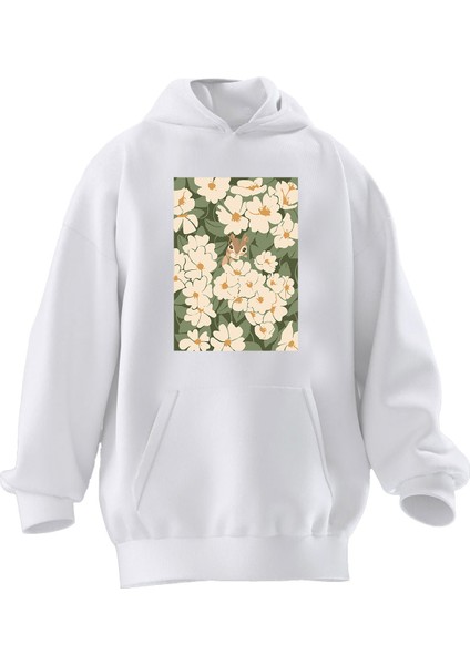 Unisex Premium Pamuk Beyaz Çiçekler Arası Sincap Baskılı 3 Iplik Kapüşonlu Sweatshirt