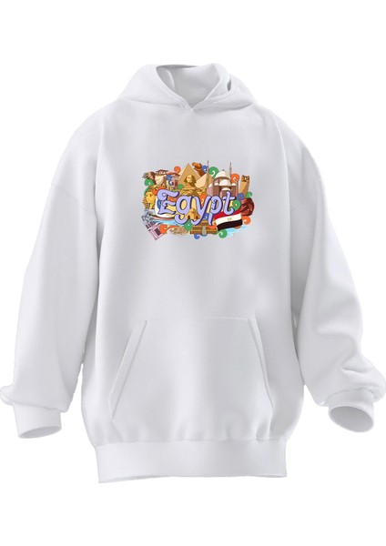 Unisex Premium Pamuk Beyaz Mısır Şehir Poster Baskılı 3 Iplik Kapüşonlu Sweatshirt