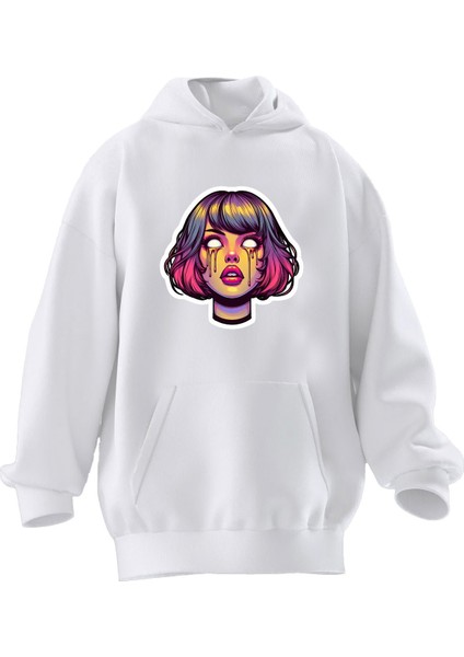 Unisex Premium Pamuk Beyaz Psychedelic Crying Baskılı 3 Iplik Kapüşonlu Sweatshirt
