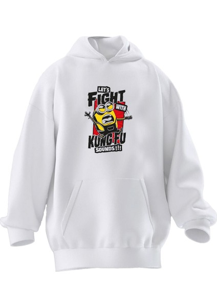 Unisex Premium Pamuk Beyaz Fight Minyon Baskılı 3 Iplik Kapüşonlu Sweatshirt