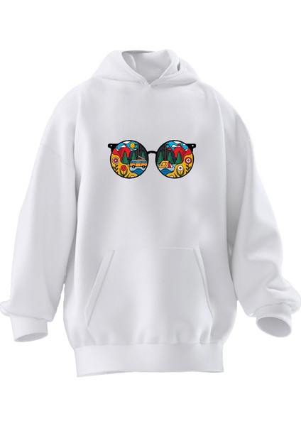 Unisex Premium Pamuk Beyaz Kamp Gözlük Baskılı 3 Iplik Kapüşonlu Sweatshirt
