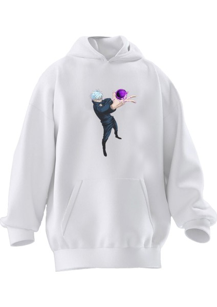 Unisex Premium Pamuk Beyaz Mor Toplu Baskılı 3 Iplik Kapüşonlu Sweatshirt
