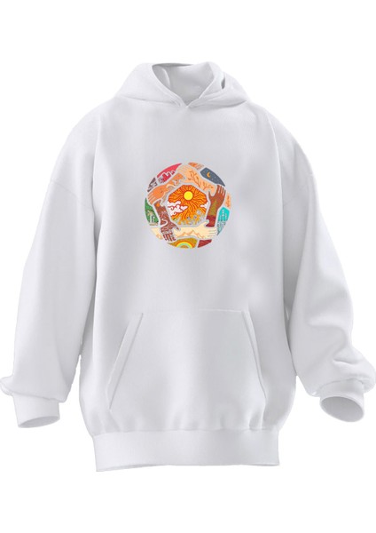 Unisex Premium Pamuk Beyaz Renkli Dünya Eller Baskılı 3 Iplik Kapüşonlu Sweatshirt