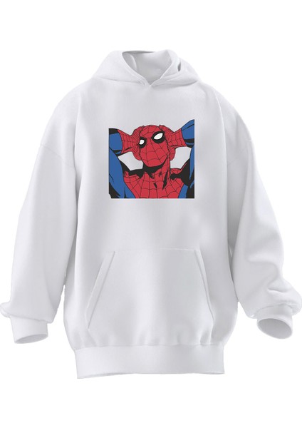 Unisex Premium Pamuk Beyaz Spiderman Düşünüyor Baskılı 3 Iplik Kapüşonlu Sweatshirt