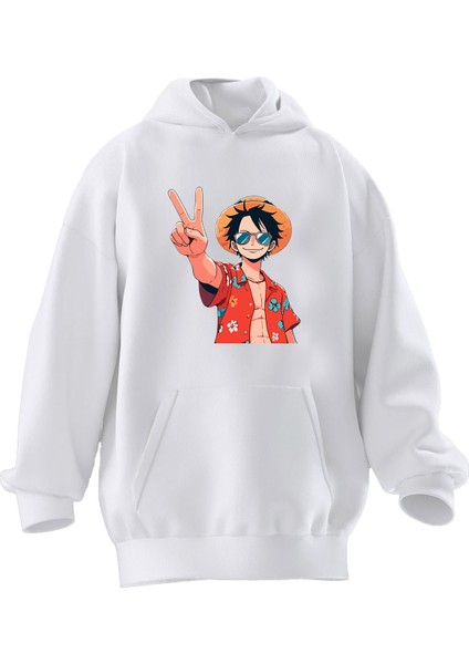 Unisex Premium Pamuk Beyaz Tatilci Anime Genç Baskılı 3 Iplik Kapüşonlu Sweatshirt