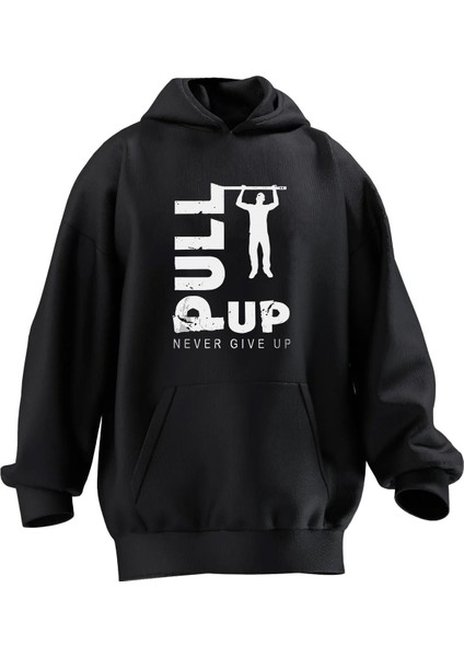 Unisex Premium Pamuk Siyah Pull Up Baskılı 3 Iplik Kapüşonlu Sweatshirt