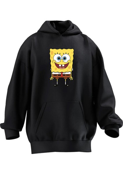 Unisex Premium Pamuk Siyah Sünger Bob Gülücük Baskılı 3 Iplik Kapüşonlu Sweatshirt