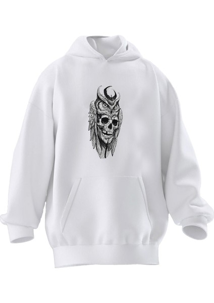 Unisex Premium Pamuk Beyaz Kurukafa Baykuş Baskılı 3 Iplik Kapüşonlu Sweatshirt
