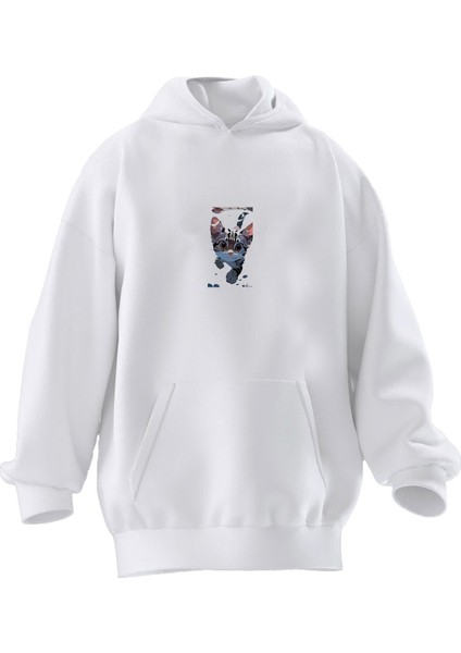 Unisex Premium Pamuk Beyaz Yüzen Kedicik Baskılı 3 Iplik Kapüşonlu Sweatshirt