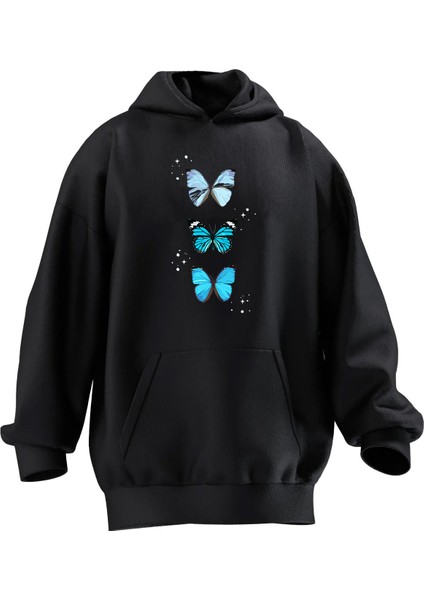 Unisex Premium Pamuk Siyah 3lü Mavi Kelebek Baskılı 3 Iplik Kapüşonlu Sweatshirt