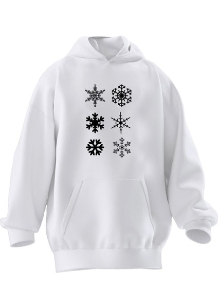 Unisex Premium Pamuk Beyaz Kar Taneleri Baskılı 3 Iplik Kapüşonlu Sweatshirt