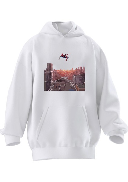 Unisex Premium Pamuk Beyaz Spiderman Düşüyor Baskılı 3 Iplik Kapüşonlu Sweatshirt