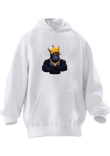 Unisex Premium Pamuk Beyaz Taçlı Goril Baskılı 3 Iplik Kapüşonlu Sweatshirt