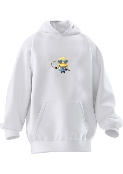 Unisex Premium Pamuk Beyaz Tenisci Minyon Baskılı 3 Iplik Kapüşonlu Sweatshirt