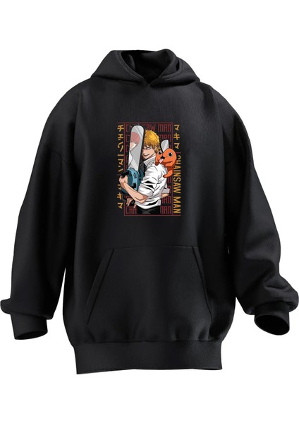 Unisex Premium Pamuk Siyah Kaykaylı Anime Baskılı 3 Iplik Kapüşonlu Sweatshirt