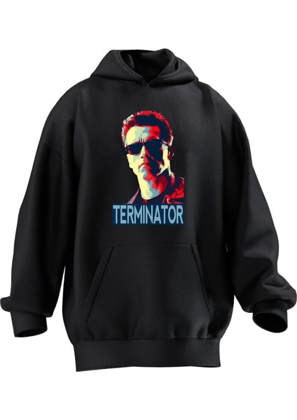 Unisex Premium Pamuk Siyah Terminatör Silik Çizim Baskılı 3 Iplik Kapüşonlu Sweatshirt
