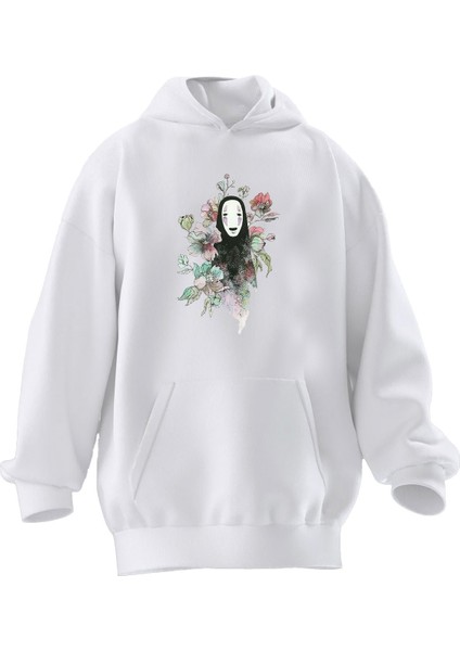 Unisex Premium Pamuk Beyaz Çığlık Çiçekler Baskılı 3 Iplik Kapüşonlu Sweatshirt