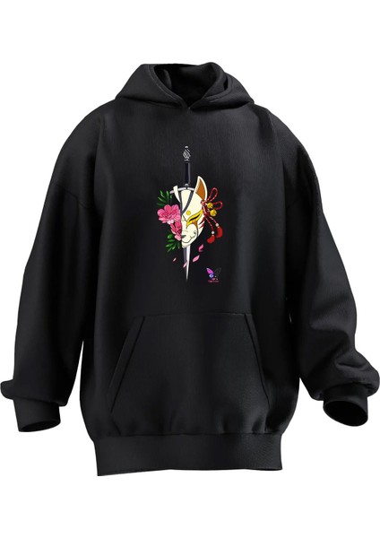 Unisex Premium Pamuk Siyah Yarım Yüz Kedi Baskılı 3 Iplik Kapüşonlu Sweatshirt