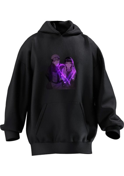Unisex Premium Pamuk Siyah Mor Anime Çift Baskılı 3 Iplik Kapüşonlu Sweatshirt